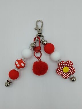 Handcrafted Red and White Pom Flower Bead Keychain/Bag Charm